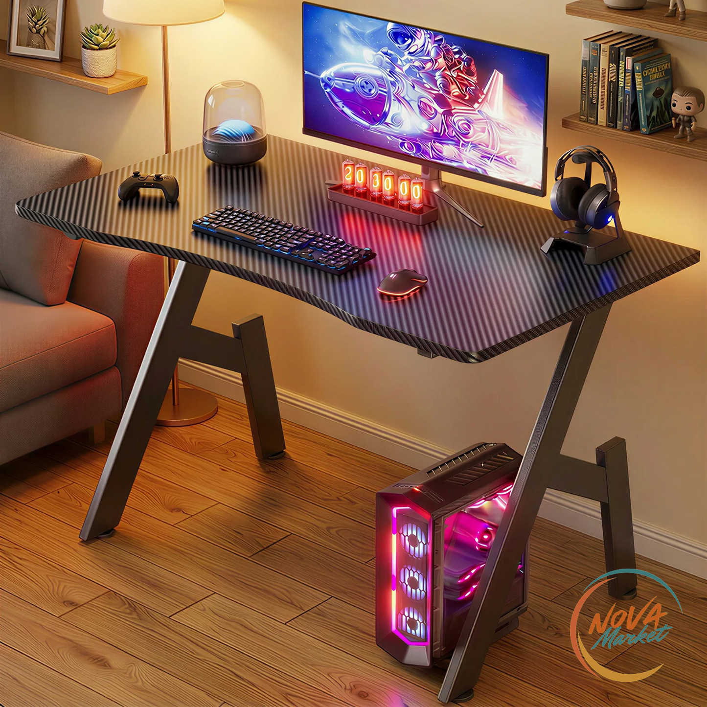 Scrivania Gaming in Fibra di Carbonio con Portabicchieri