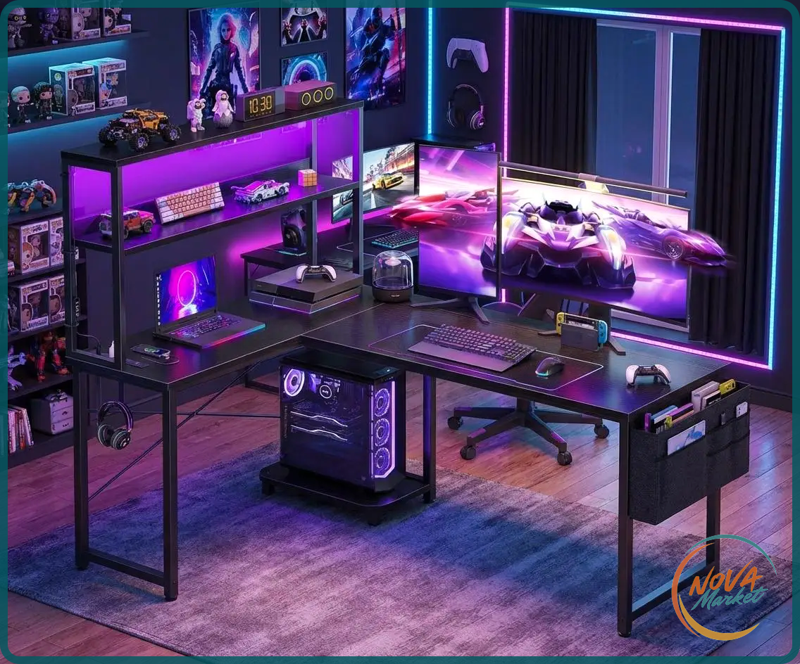 Scrivania da Gaming a L con LED e Prese di Corrente