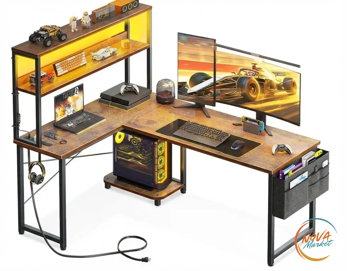 Scrivania da Gaming a L con LED e Prese di Corrente