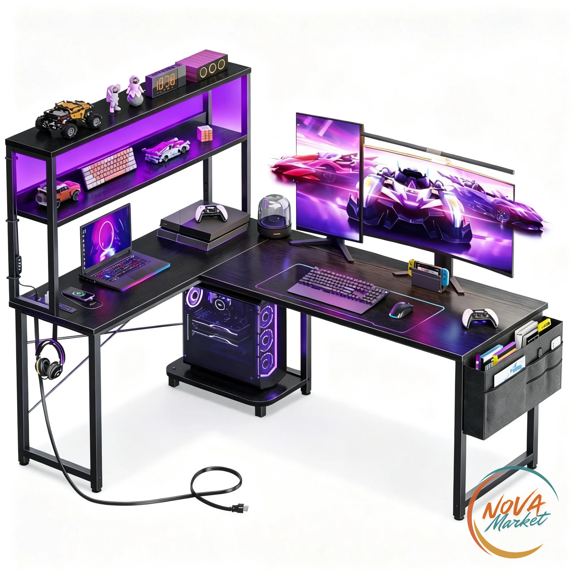 Scrivania da Gaming a L con LED e Prese di Corrente