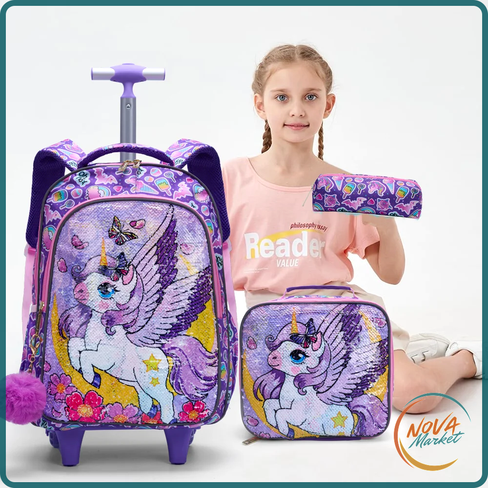 Set zaino scolastico con ruote unicorno e paillettes