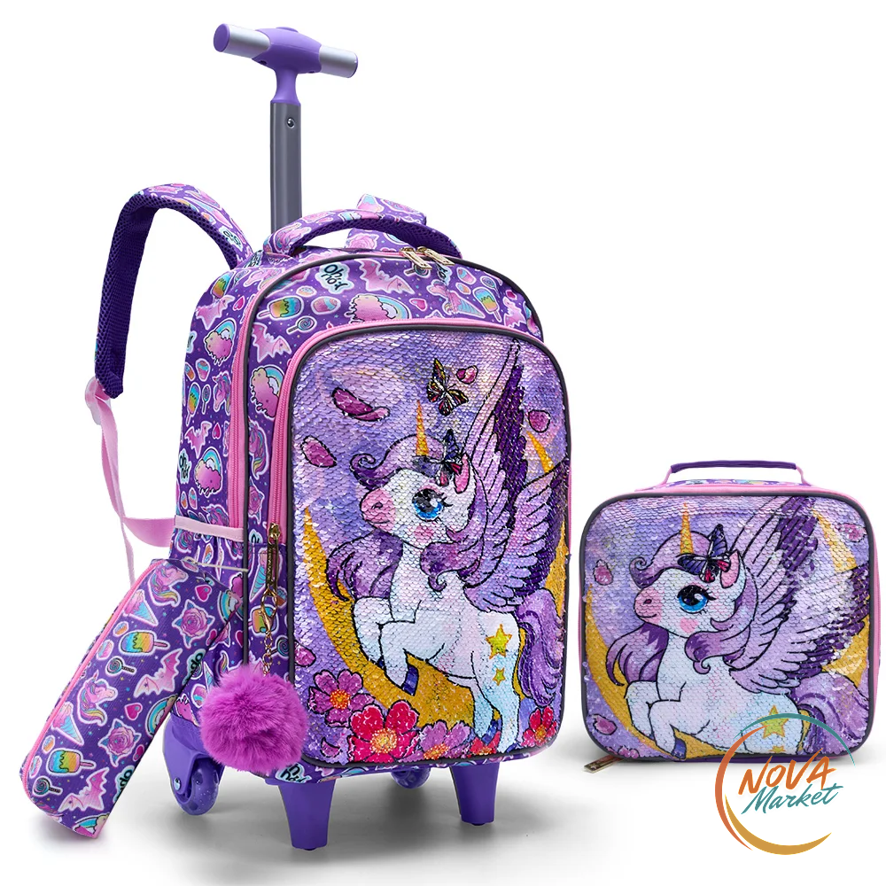 Set zaino scolastico con ruote unicorno e paillettes