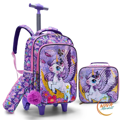 Set zaino scolastico con ruote unicorno e paillettes