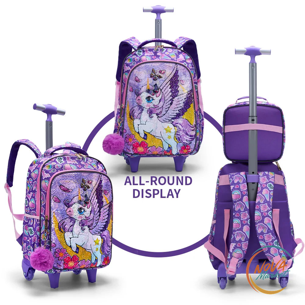 Set zaino scolastico con ruote unicorno e paillettes