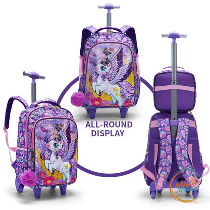 Set zaino scolastico con ruote unicorno e paillettes
