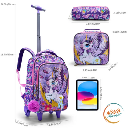 Set zaino scolastico con ruote unicorno e paillettes