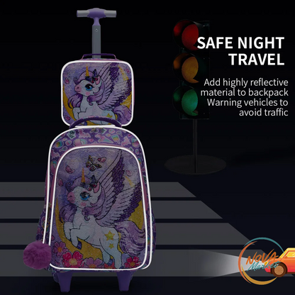 Set zaino scolastico con ruote unicorno e paillettes