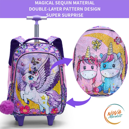 Set zaino scolastico con ruote unicorno e paillettes