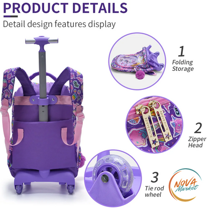 Set zaino scolastico con ruote unicorno e paillettes