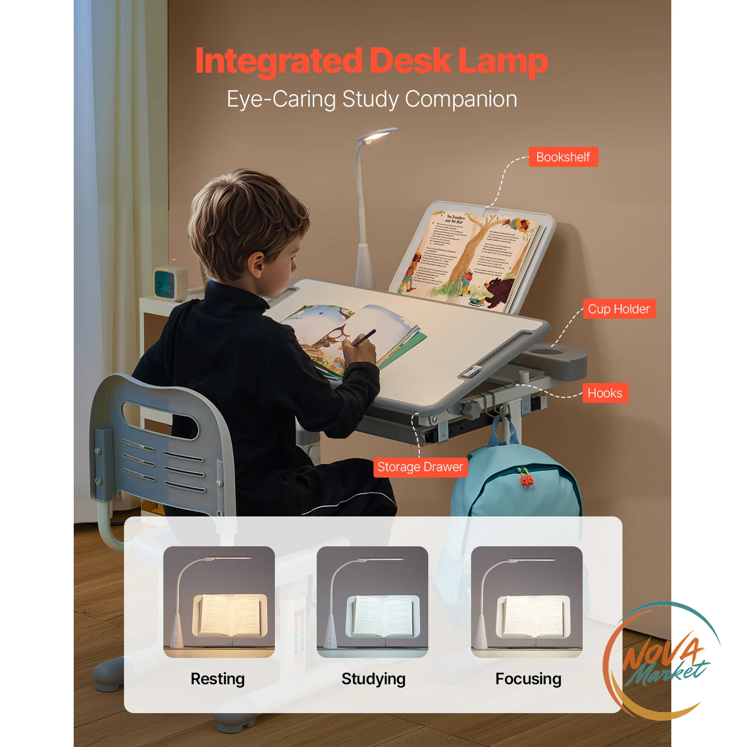 Set Scrivania e Sedia per Bambini con Lampada Regolabile