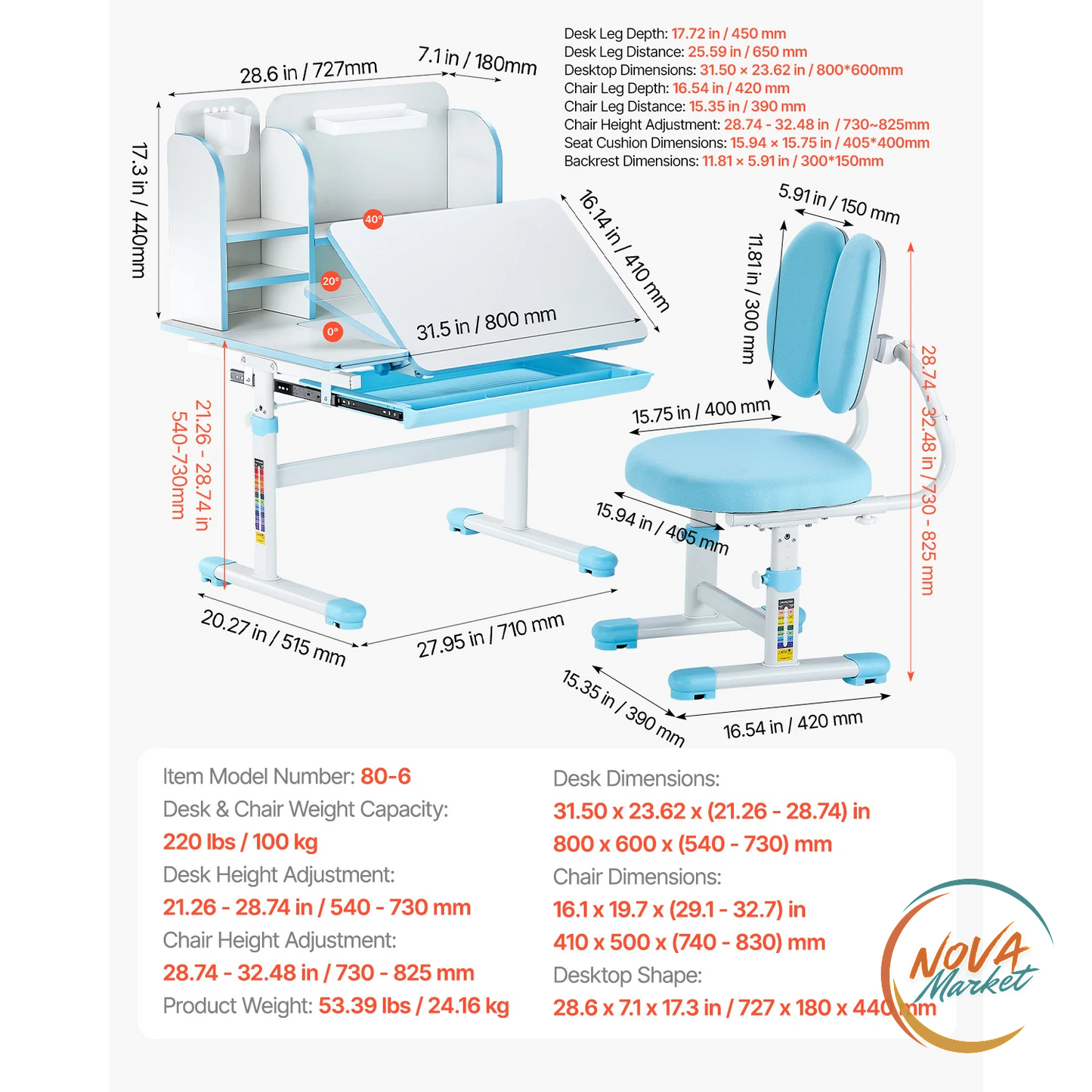 Set Scrivania e Sedia per Bambini con Lampada Regolabile
