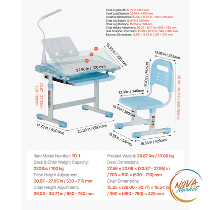 Set Scrivania e Sedia per Bambini con Lampada Regolabile