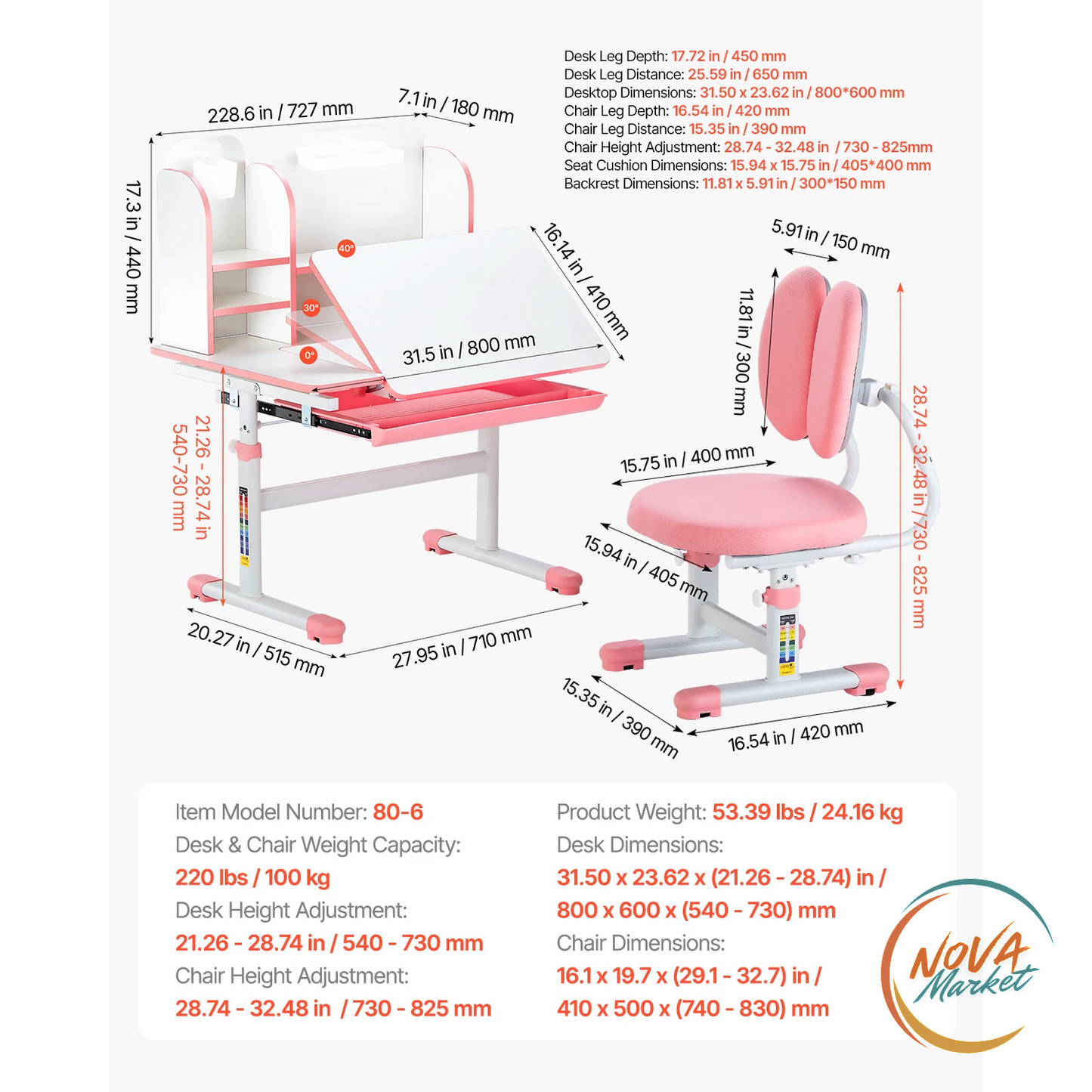 Set Scrivania e Sedia per Bambini con Lampada Regolabile