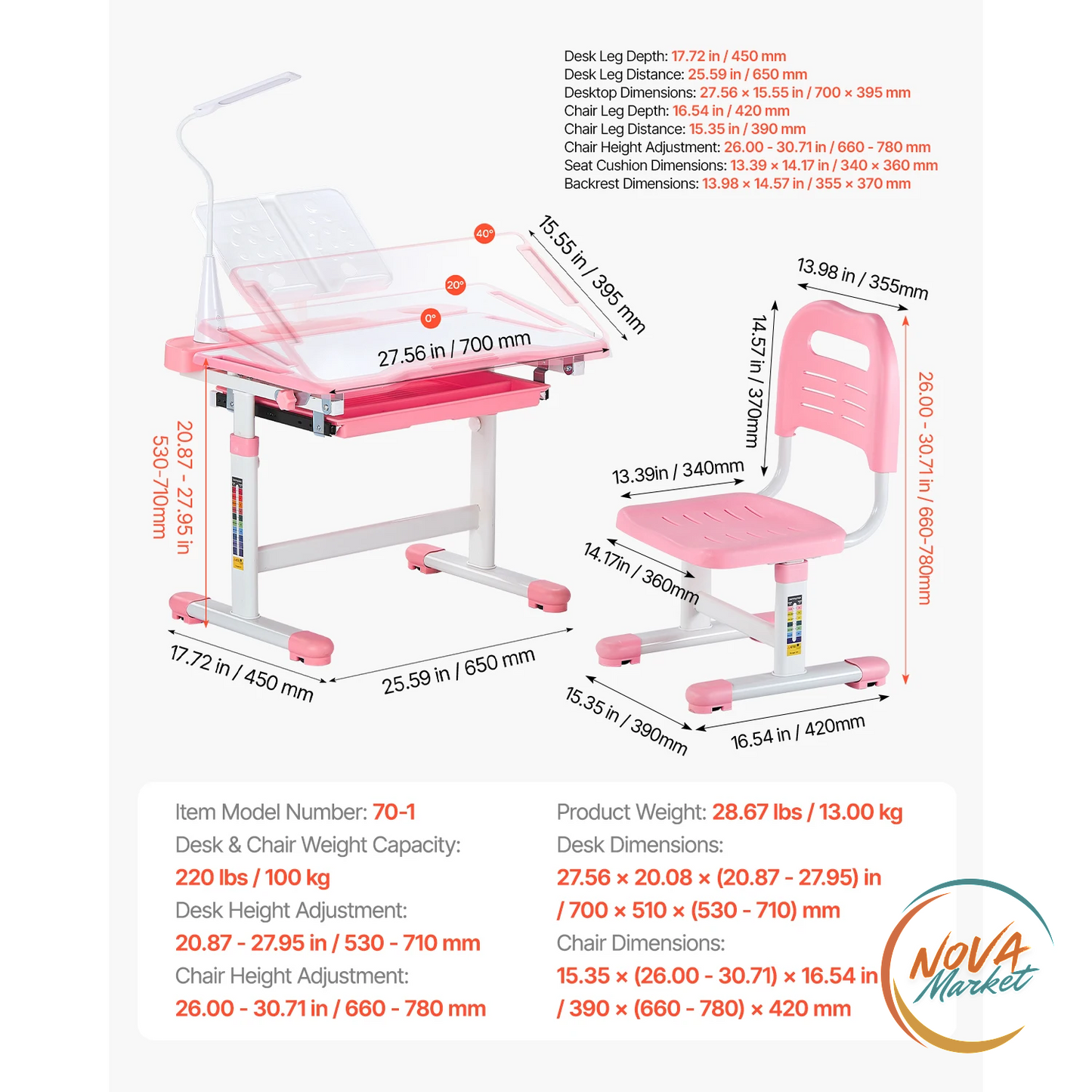 Set Scrivania e Sedia per Bambini con Lampada Regolabile