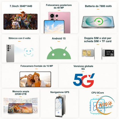 Smartphone 5G 7,3" Android 15 con Batteria 7800 mAh