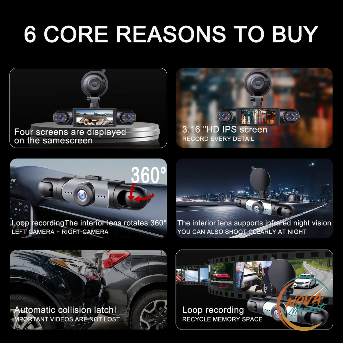 Dash Cam 4 Telecamere 1080P con Monitoraggio Parcheggio