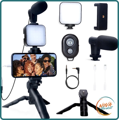 Kit Vlogging Smartphone con Treppiede, Microfono e Luce