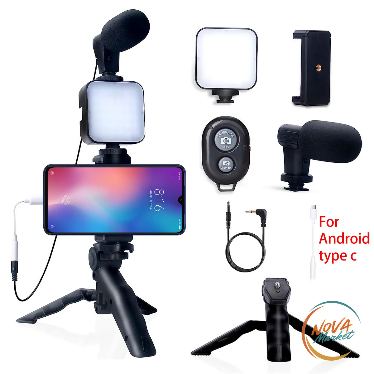 Kit Vlogging Smartphone con Treppiede, Microfono e Luce