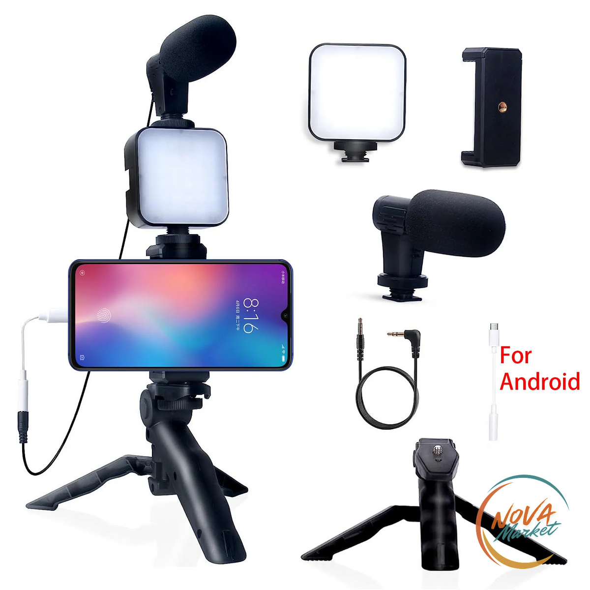 Kit Vlogging Smartphone con Treppiede, Microfono e Luce