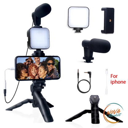 Kit Vlogging Smartphone con Treppiede, Microfono e Luce