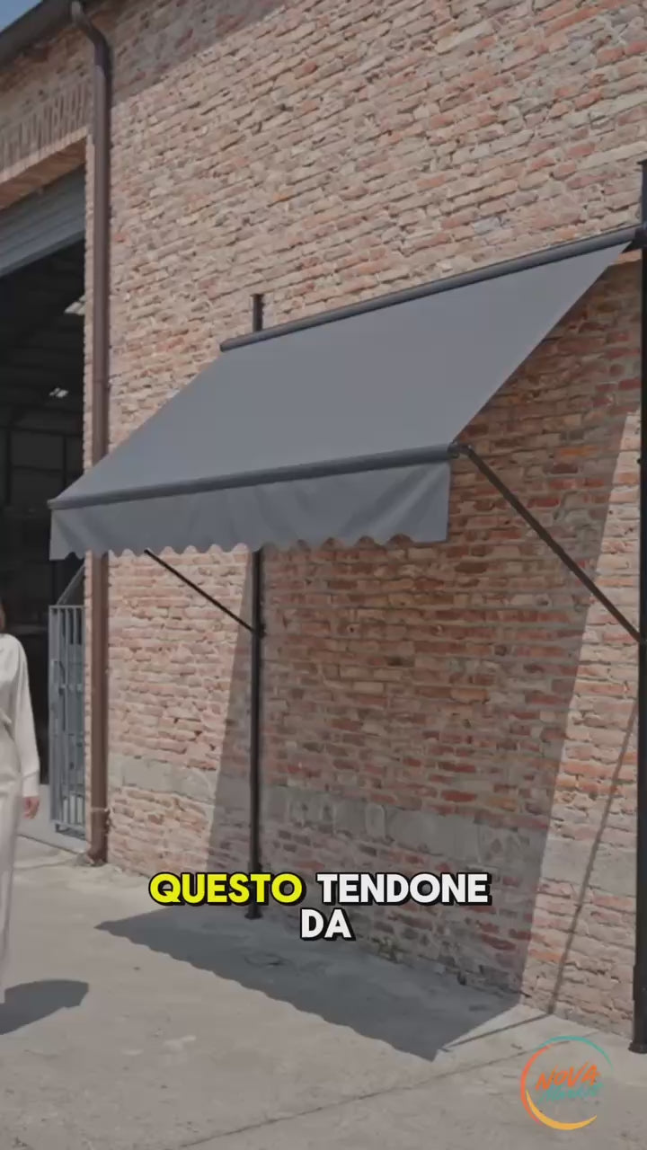 Video Tenda da Sole Manuale con Manovella 350x120 cm Retrattile, Altezza Regolabile 200-300cm Senza Foratura per Balcone, Giardino