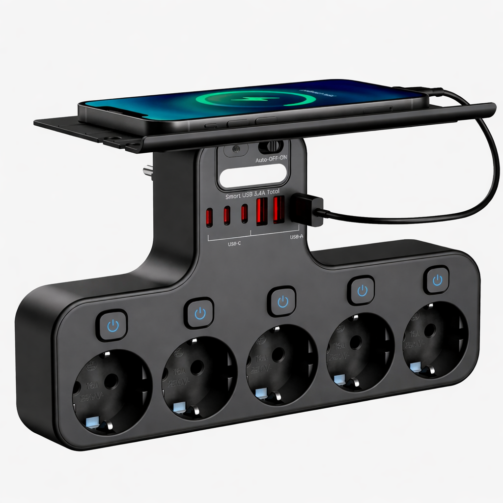 Ciabatta Multifunzione 4000W con USB-C – 4 Prese, Luce Notturna e Supporto Telefono